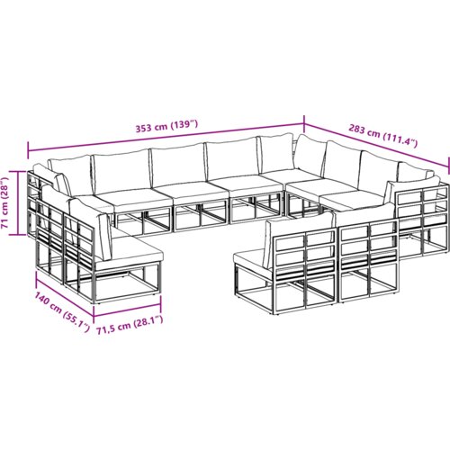 VidaXL Sjedeća garnitura za vrt 12 pcs Crna 353 x 283 x 71 cm Aluminij Slike