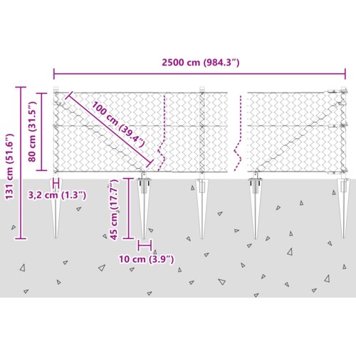 VidaXL Ograda u heksagonalnom obliku siva 0.8x25 m čelik, Stupovi za ograde s &amp;scaron;iljkom 13 kom &amp;Oslash;32 mm 100 cm pocinčani čelik Slike