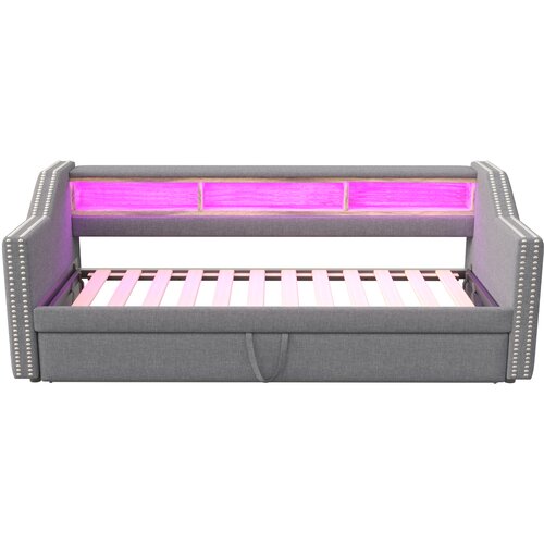 Lumor Postelja klop izvlečna 90/180x190 cm iz lana - z LED in USB - z letvenim dnom - svetlo siva, (22155844) Cene
