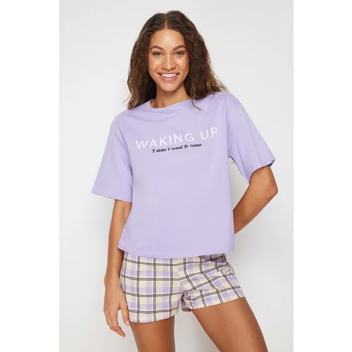 Trendyol Lilac 100% Cotton Slogan Printed Knitted Pajama Set