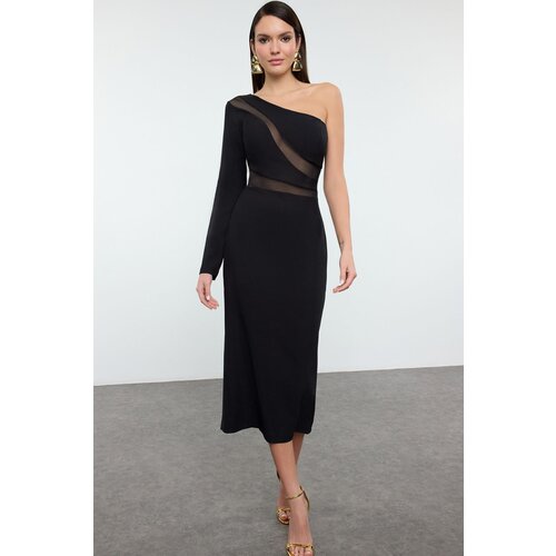 Trendyol Black Fitted Transparent Detailed Single Sleeve Woven Dress Slike
