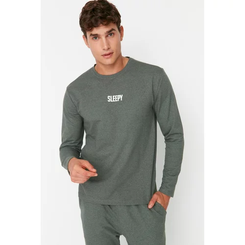 Trendyol Men's Khaki Slogan Printed Regular Fit 2 Yarn Knitted Pajamas Set