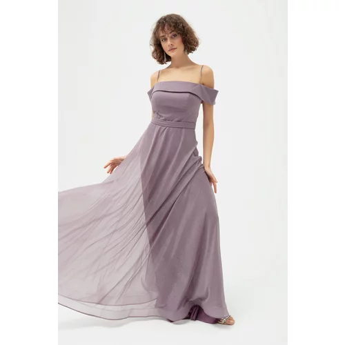 Lafaba Women's Lavender Thin Strap Boat Neck Silvery Long Evening Dress