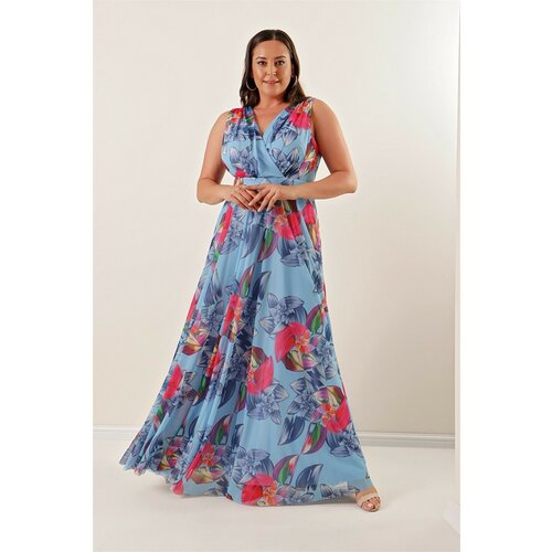 By Saygı Front Back V-Neck Floral Pattern Lined Plus Size Long Tulle Dress Baby Blue Slike