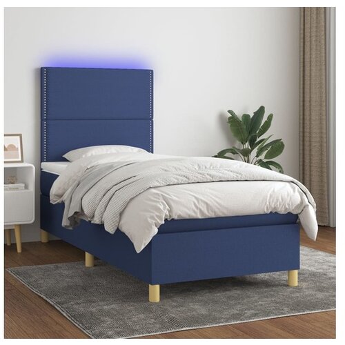  Box spring postelja z vzmetnico LED modra 90x200 cm blago Cene