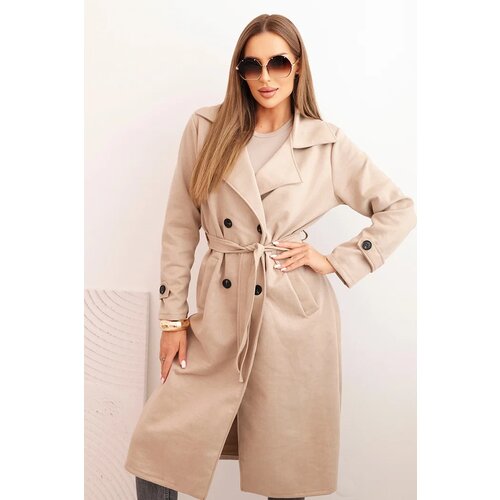 Kesi Włoski Women's coat tied at the waist with a collar and buttons dark beige Cene