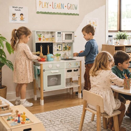 Ginger Home dečija drvena kuhinja sa elektronskom pločom za kuvanje, mikrotalasnom pećnicom, rernom, sudoperom I dodacima, od punog drveta Slike