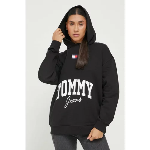 Tommy Jeans Bombažen pulover ženska, črna barva, s kapuco