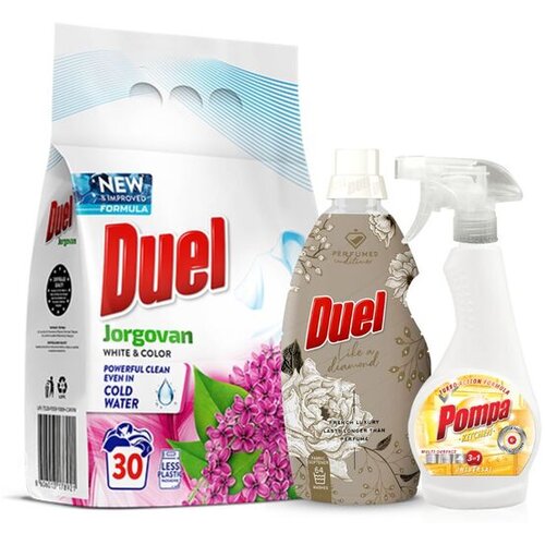 Duel Deterdžent Jorgovan 2.7kg + Omekšivač Like a diamond 1.6l + Sredstvo za čišćenje kuhinje 500ml Cene