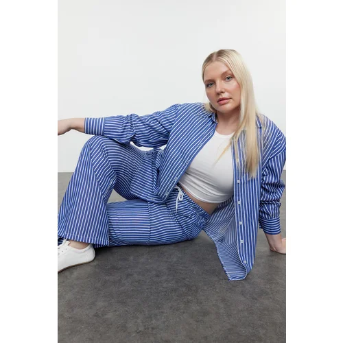 Trendyol Curve Navy Blue-White Striped Woven Plus Size Shirt-Pants Bottom-Top Set