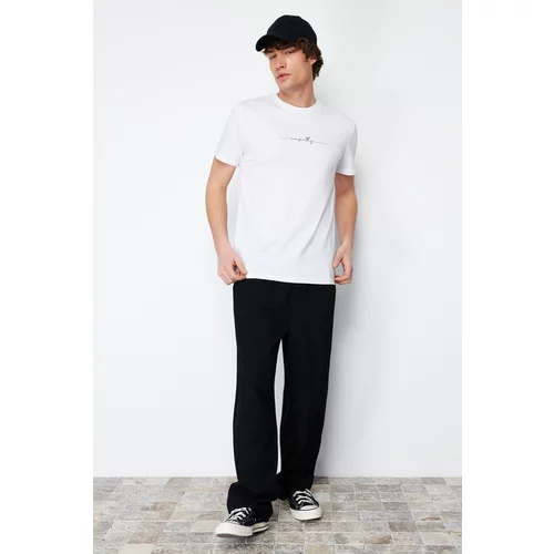 Trendyol Men's White Regular/Normal Fit Text Printed 100% Cotton Label Appliqué T-shirt