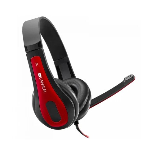 Canyon HSC-1, basic PC headset with microphone, combined 3.5mm plug, leather pads, Flat cable length 2.0m, 160*60*160mm, 0.13kg, Black-red Cene