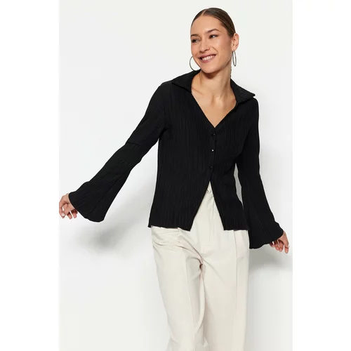 Trendyol Black Knitted Flare/Spanish Sleeve Shirt with Pleats and Buttons