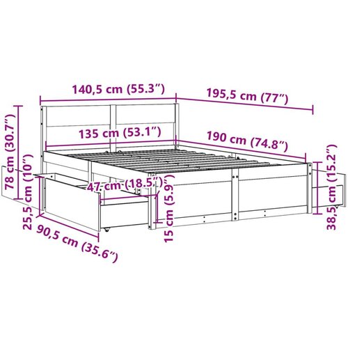 VidaXL Okvir za krevet s ladicama bijeli 135 x 190 cm od borovine Slike