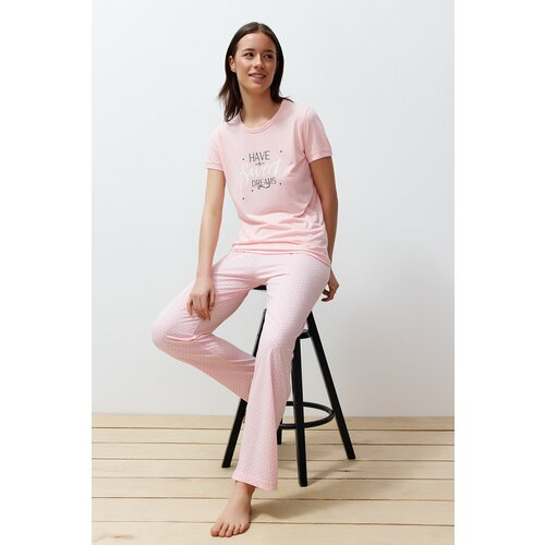 Trendyol Powder Slogan Printed Polka Dot Knitted Pajamas Set Slike