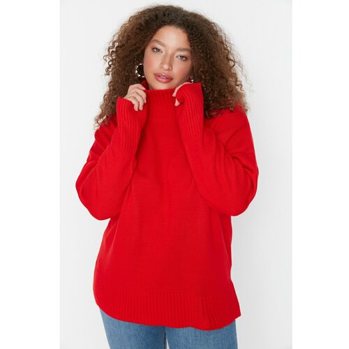 Trendyol Curve Red Turtleneck Low Shoulder Knitwear Sweater Slike