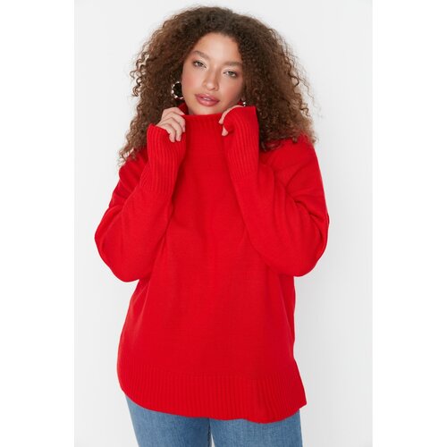 Trendyol Curve Red Turtleneck Low Shoulder Knitwear Sweater Slike