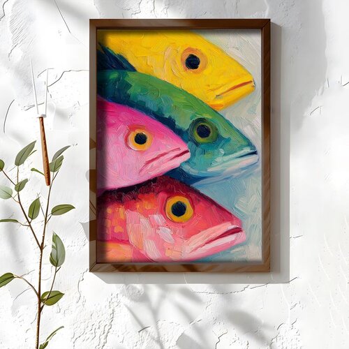 Wallxpert uramljena MDF slika NAL063-46, četiri šarene ribe u stilu uljane slike, 35,5 x 47 cm Cene