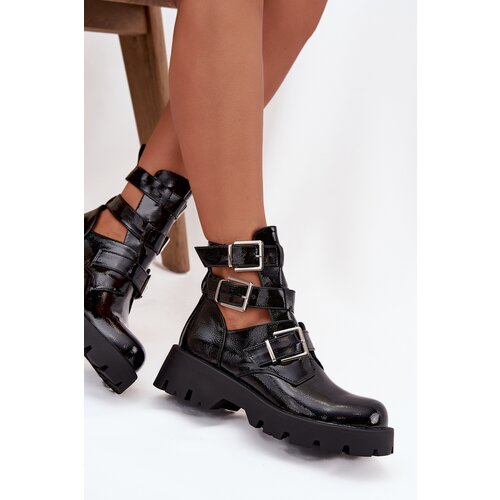 Boto Lacquered Women's Boots with Straps and Silver Clamps Black Helisse Cene