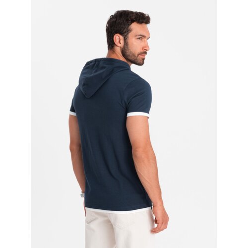 Ombre Casual men's cotton t-shirt with hood - navy blue Cene