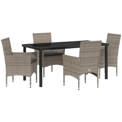 VidaXL 5-dijelni vrtni set za objedovanje s jastučićima sivi poli ratan, vrtni stol crni 160x80x73 cm kaljeno staklo Slike