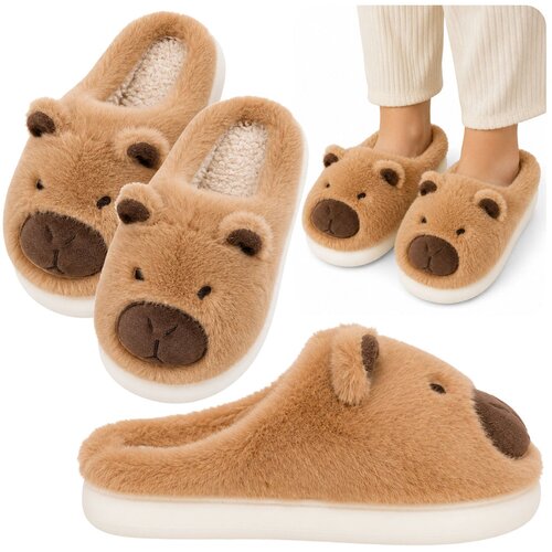  Plush Capybara Slippers With Ears Warm Soft Beige Size 32-33 Slike