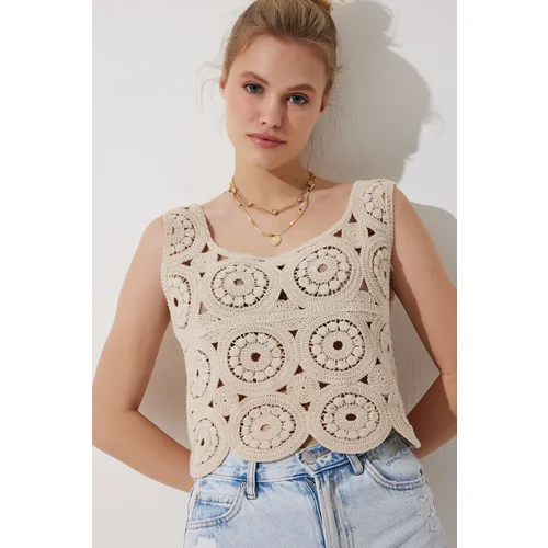  Women's Beige Openwork Summer Crop Knitwear Blouse