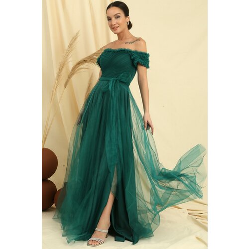 By Saygı Frilly Belted Collar And Sleeves Lined Long Tulle Dress Slike