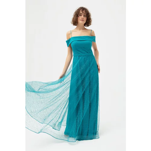 Lafaba Women's Turquoise Boat Neck Silvery Long Evening Dress