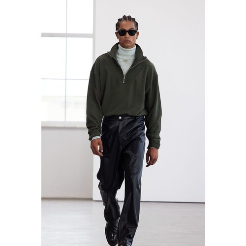 Trendyol Limited Edition Khaki Oversize/Wide Cut Stand Collar Zippered Sweatshirt Slike