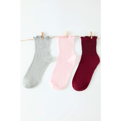 Trendyol Claret Red-Powder-Grey 3-Pack Cotton Elastic Mouth Lettuce Detailed Knitted Socks Slike