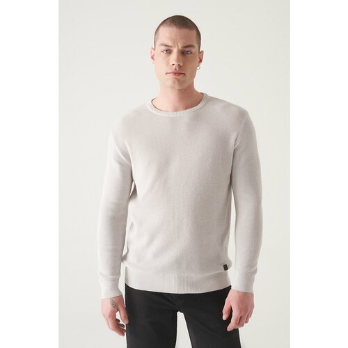 Avva Men's Light Gray Crew Neck Textured Cotton Standard Fit Regular Cut Knitwear Sweater Cene