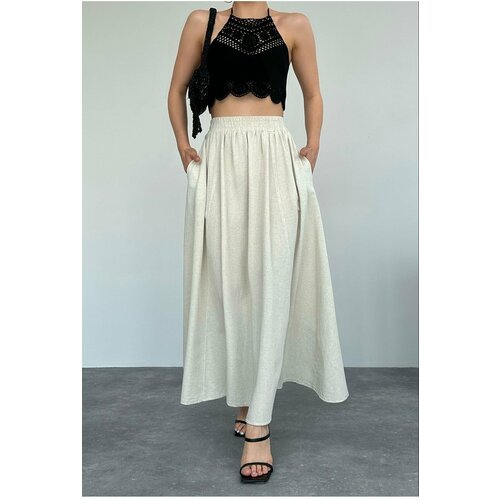 Laluvia Beige Pocketed Linen Skirt with Elastic Waist Slike