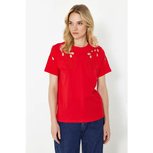 Trendyol Red Brode Embroidered Basic/Regular Pattern Knitted T-Shirt
