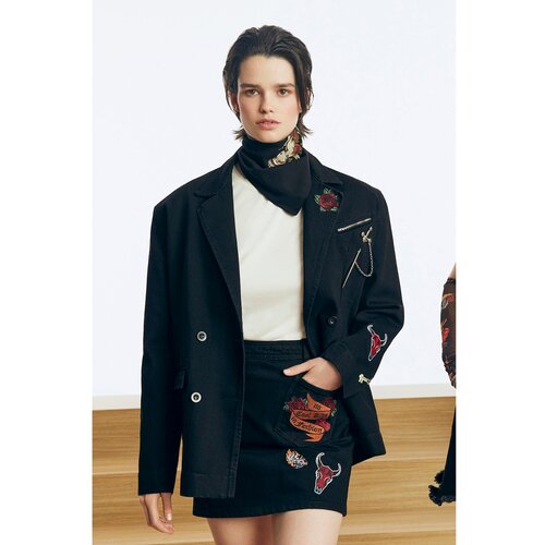 Trendyol X Zeynep Tosun Black Embroidery Detailed Denim Skirt Slike