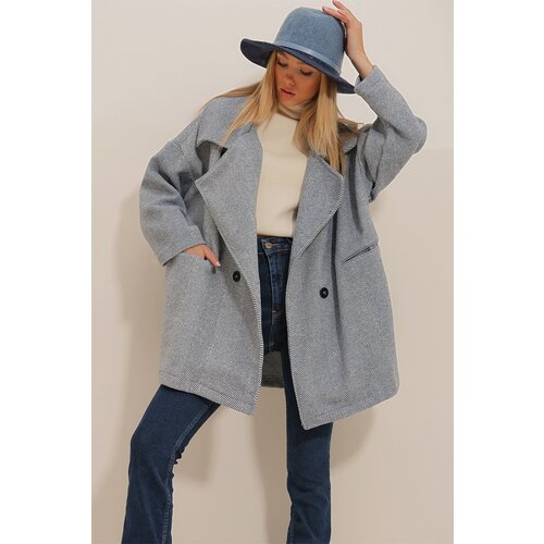 Trend Alaçatı Stili Women's Navy Blue Double Breasted Collar Herringbone Patterned Coat with Pockets Slike