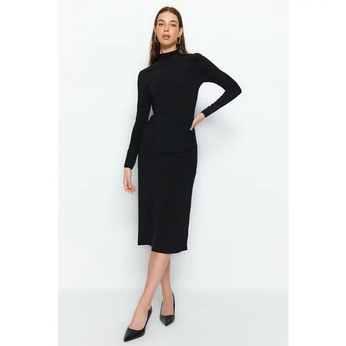 Trendyol Black Draped Detailed Stand Up A-Line Flexible Midi Knit Dress