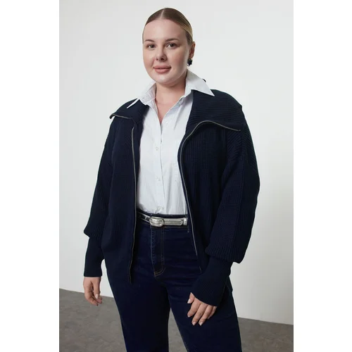 Trendyol Curve Navy Blue Turn-down Collar Zippered Crop Knitwear Cardigan