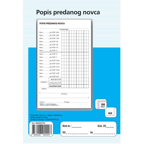  Obrazac A-47a/NCR/EUR popis predanog novca Cijene