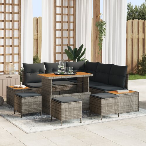 VidaXL 9-dijelni set vrtnih sofa s jastucima sivi poliratan akacija Slike