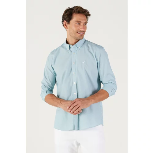 AC&Co / Altınyıldız Classics Men's Khaki-White Slim Fit Slim Fit Button-down Collar Cotton Striped Shirt