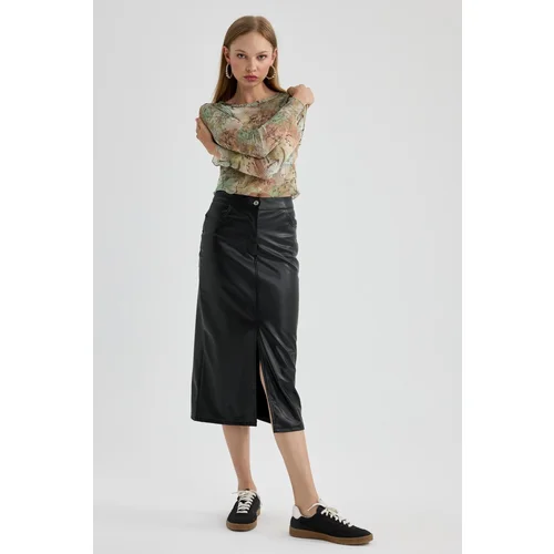 Defacto Faux Leather Slit Midi Skirt