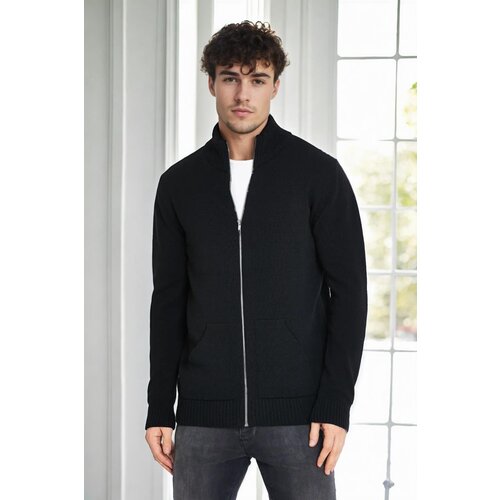 Dewberry 83582 Zippered Knitwear Mens Cardigan with Pocket-BLACK Slike