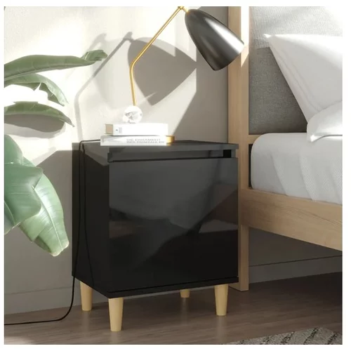  Nočna omarica z lesenimi nogami visok sijaj črna 40x30x50 cm