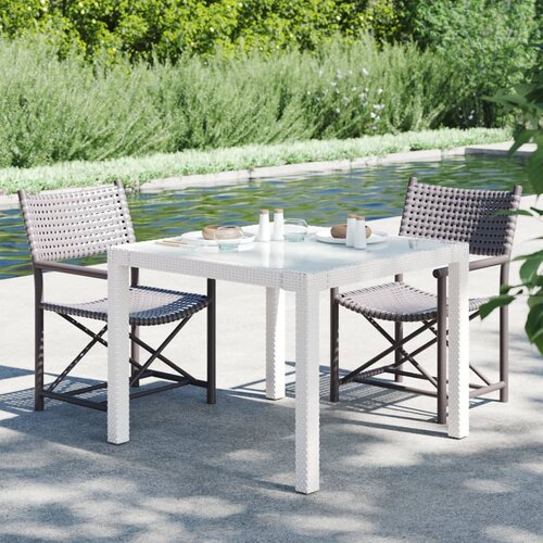 VidaXL Vrtna miza 90x90x75 cm kaljeno steklo in poli ratan bela Slike