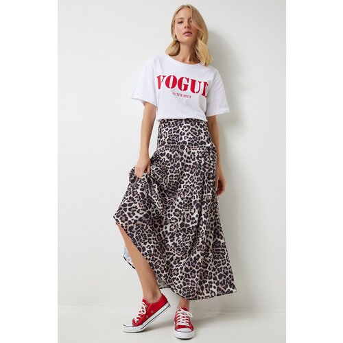  Women&amp;#039;s Black Beige Leopard Patterned Flounce Summer Poplin Skirt Slike