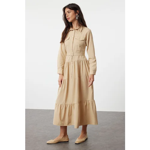 Trendyol Beige Belted Woven Cotton Shirt Dress