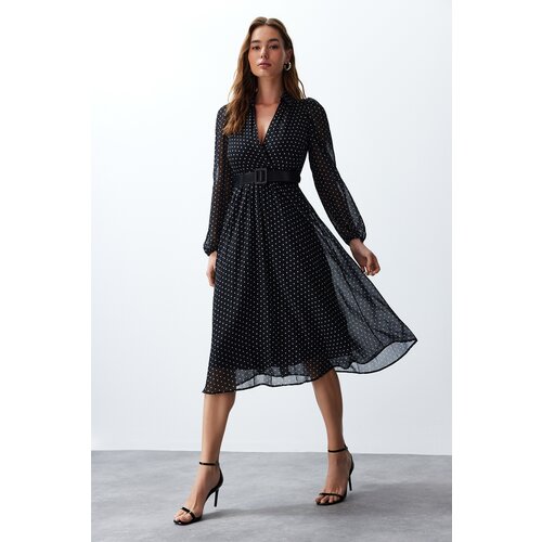 Trendyol Black Belted Polka Dot Chiffon Lined Woven Dress Cene