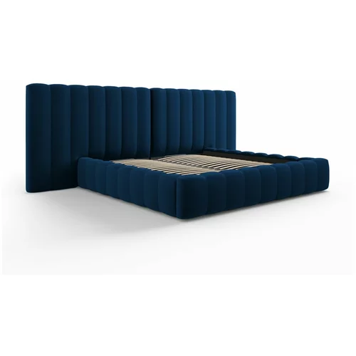 Milo Casa Temno modra oblazinjena zakonska postelja s prostorom za shranjevanje in letvenim dnom 180x200 cm Gina –