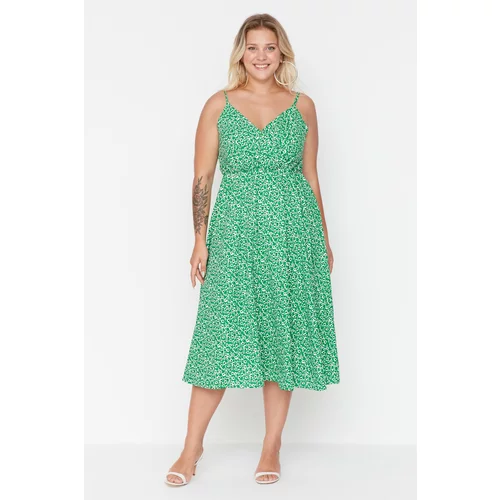 Trendyol Curve Green Double Breasted Collar Floral Patterned Strap Knitted Dress